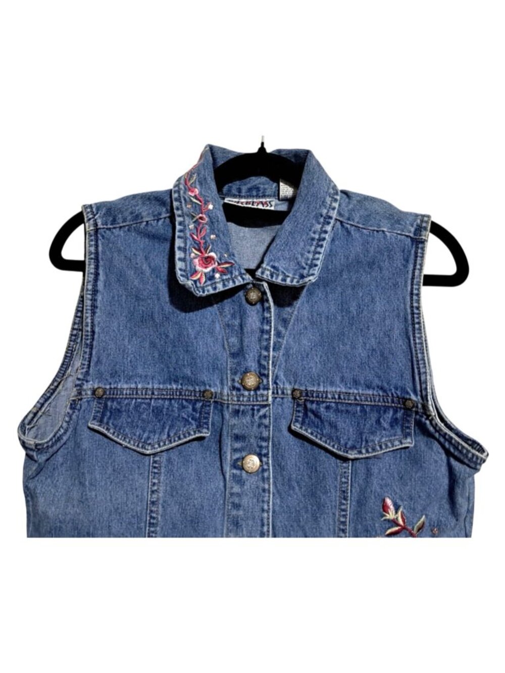 Vtg Bill Blass Denim Vest Womens M Medium Blue Boho Rose Embroidered Cotton Butt - Picture 4 of 13